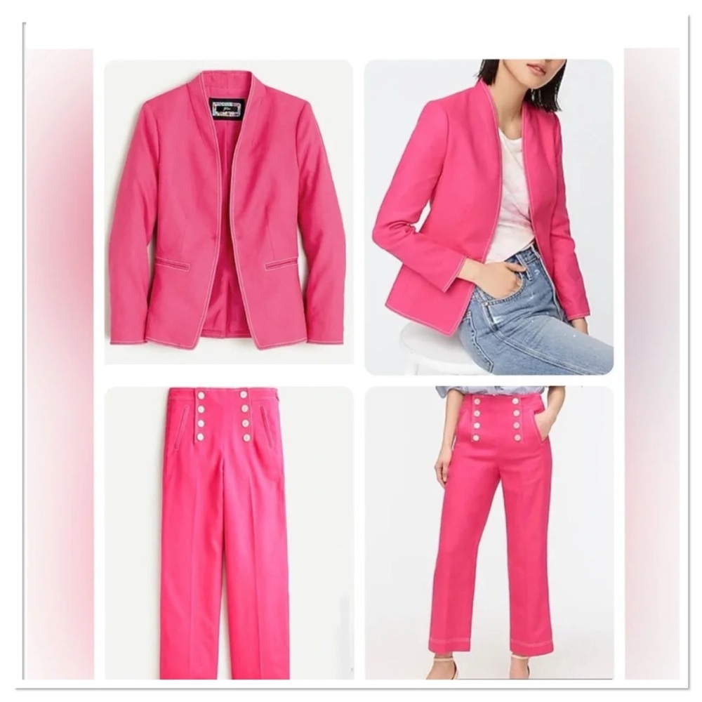 J Crew Going Out Blazer & Peyton Sailor Cropped Pants Fuchsia Stretch Linen Sz 2